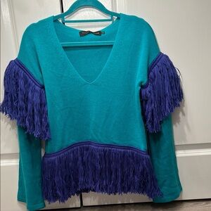NWT House of Harlow Revolve Teal and Purple Fringe Sweater XXS V neck unique